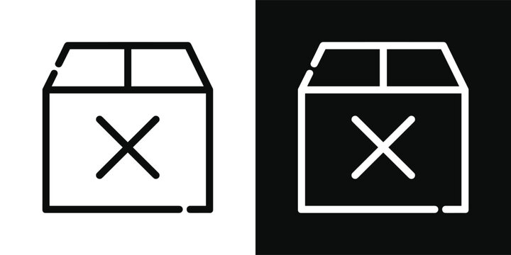 Rejection Symbol. A simple, modern icon depicting a box with a cross mark, symbolizing rejection, cancellation, or invalidation, presented in both black and white outline.
