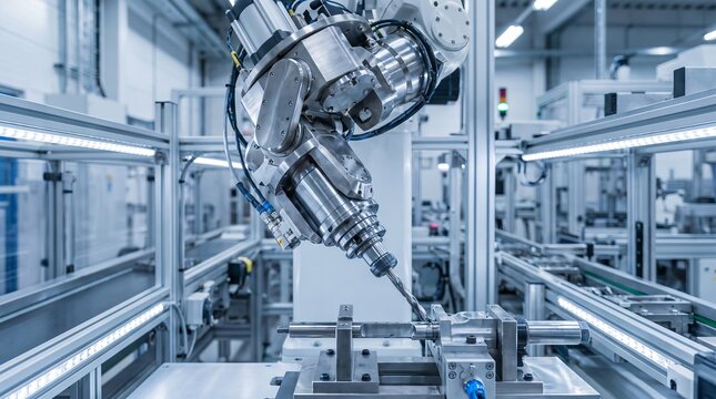 Robotic drilling machine operating inside automated industrial manufacturing factory, precision tool equipment, advanced machinery