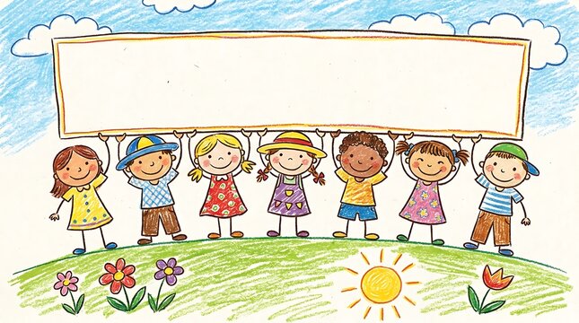 Group of happy diverse children holding a blank sign in a sunny garden with flowers and blue sky