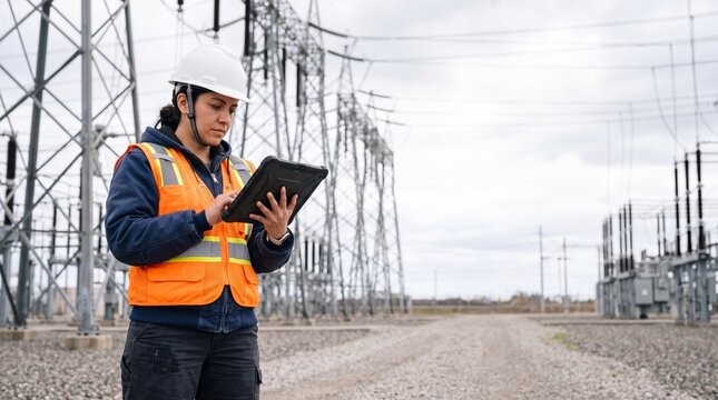 Electrical engineer using digital tablet near high voltage substation power line. Hispanic woman inspector managing electrical grid equipment and energy transmission facility.