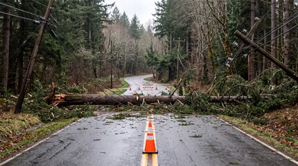 Obraz premium Fallen evergreen tree crushes utility pole with downed power line across wet asphalt road. Traffic cones and closure signs block damaged rural highway after storm disaster.