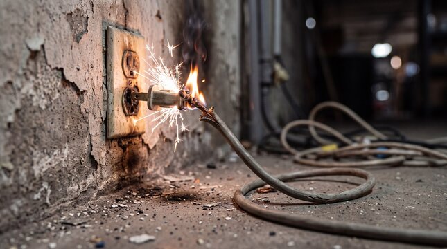 Frayed electrical power cable with sparking fire flame at wall socket, representing electrical hazard risk, domestic short circuit and faulty wiring prevention.