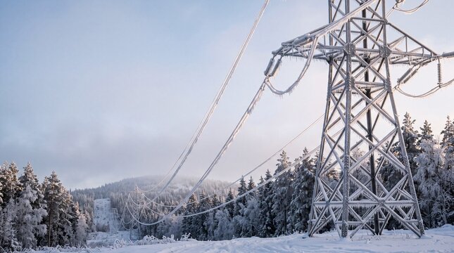 High voltage power line tower covered in thick winter frost and icicles over snowy pine forest, representing energy infrastructure reliability, utility maintenance and cold weather crisis.
