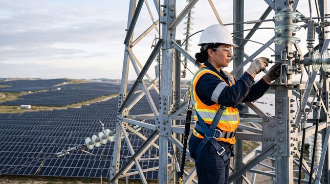 Lineworker servicing electrical equipment on a power line tower. Female hispanic technician in safety harness inspects grid infrastructure above modern solar farm.