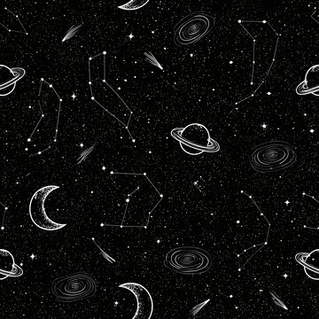 Hand-drawn cosmic scene with planets, constellations, moons, and galaxies
