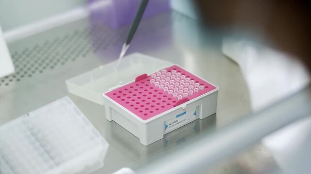 Female scientist protective gloves with a micro pipette from test tube dropping a colored liquid to petri dish to conduct scientific experiments lab research chemistry studies, innovative laboratory