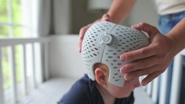 Caregiver gently places a therapeutic helmet on the babys head, ensuring a proper fit in a well-lit indoor nursery environment