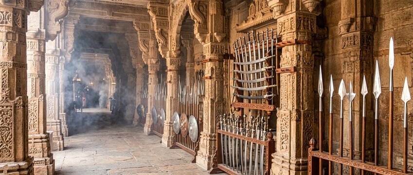 Historic stone colonnade corridor with traditional medieval armory display and ritual smoke