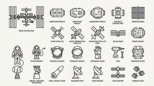 Space exploration and astronomy solid icon set containing icons for Space Station, Habitation Module, Communication Satellite, EVA Astronaut, Spacesuit Helmet, and Rocket Stage for aerospace industry