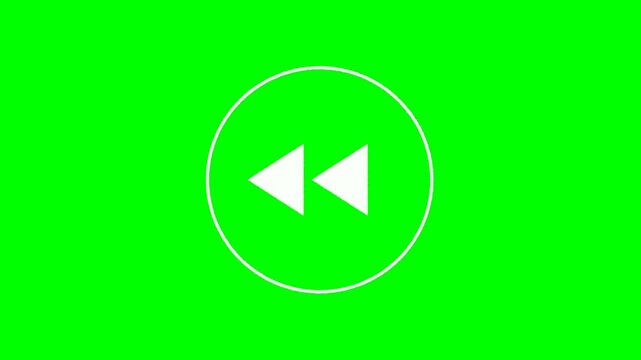 White media rewind backward button icon isolated on green screen for video production