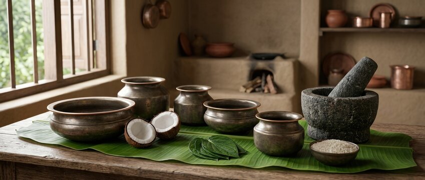 Traditional metal pots and stone grinder arranged for ayudha puja ritual on banana leaf