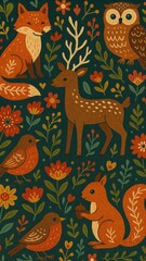 Fototapeta premium Whimsical woodland animals pattern mobile wallpaper