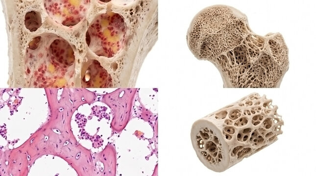 Microscopic view and cross section of spongy and compact bone tissue with bone histology skeletal anatomy trabecular bone
