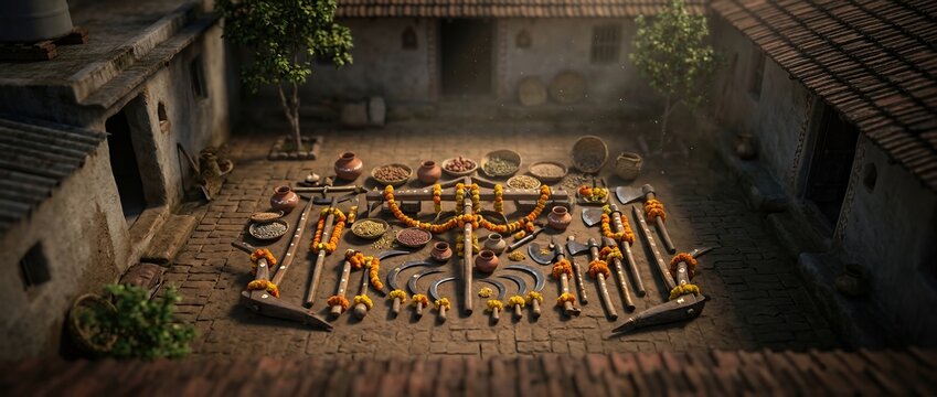 Traditional tools and harvest implements arranged for festive autumn worship ceremony
