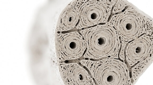 Cross section of bone tissue showing organized haversian systems with compact bone haversian system microscopic structure