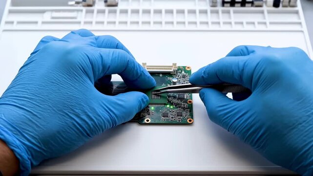 Hands wearing blue nitrile gloves performing precision maintenance on a computer microchip and circuit board hardware