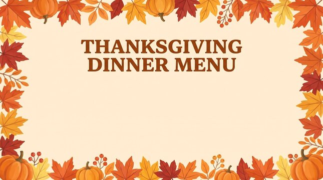 Thanksgiving dinner menu design with autumn leaf border and copy space