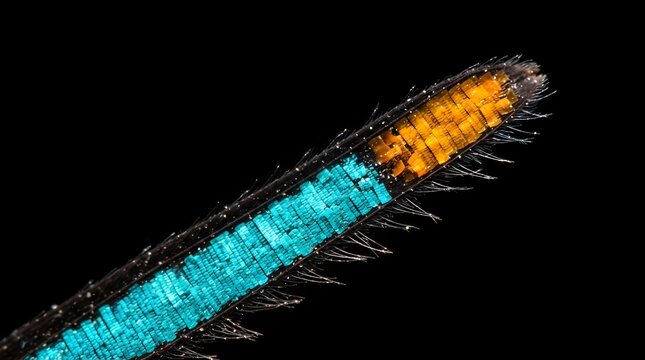 Vibrant butterfly wing segment showing detailed colorful scales under microscope lens
