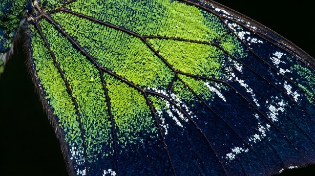 Detailed vibrant green and blue butterfly wing showing intricate scale patterns