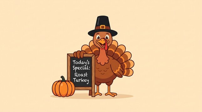 Cartoon thanksgiving turkey wearing a pilgrim hat holding a chalkboard sign
