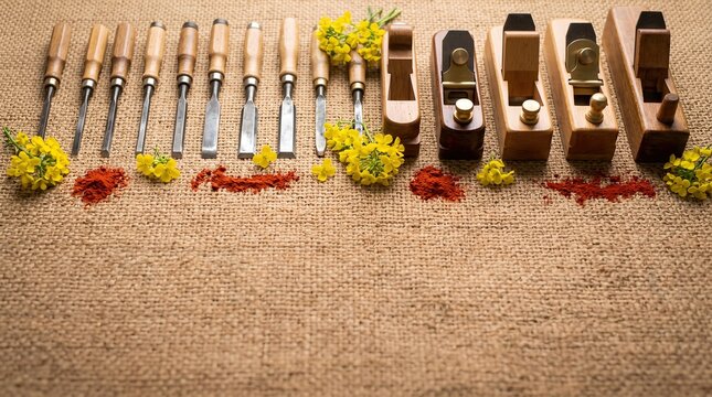 Traditional ritual celebration with carpentry tools and yellow blossoms