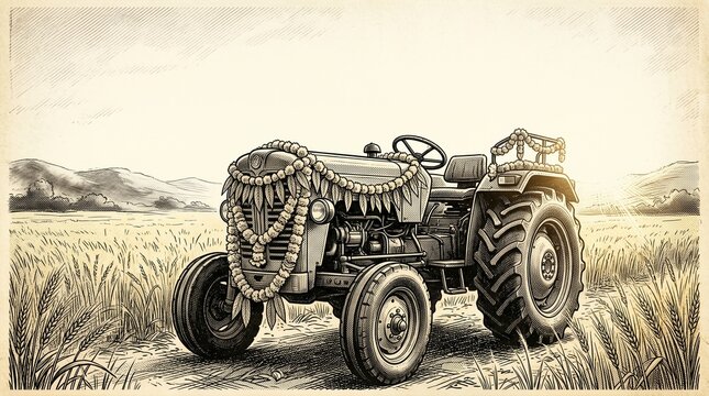 Traditional tractor decorated with marigold garlands in an open field during festival celebration