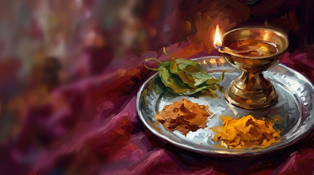 Ayudha Puja ritual tray with oil lamp and sacred offerings