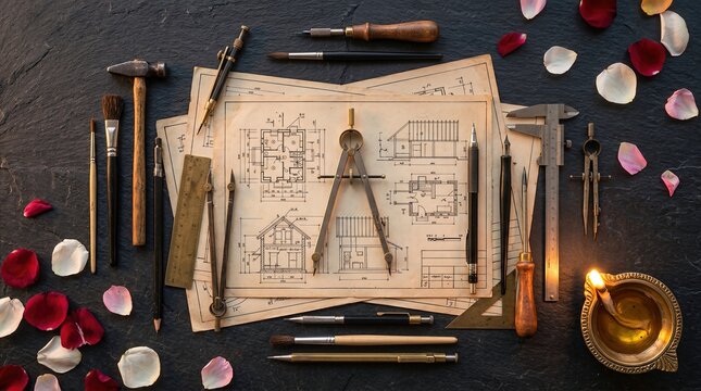 Traditional festival celebration arrangement with architectural blueprints and engineering instruments on dark background