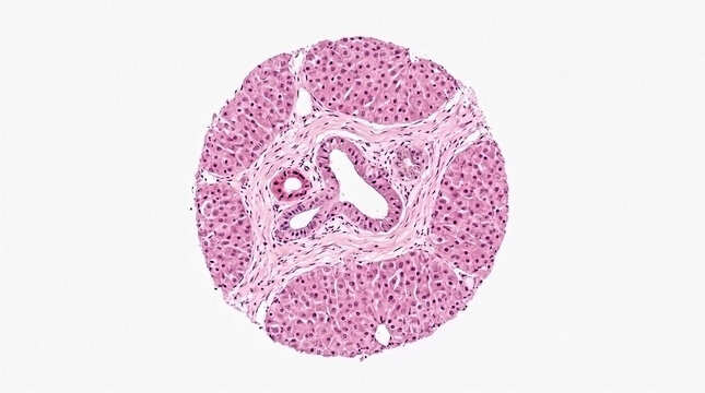 Liver portal triad histological section showing hepatic ducts and blood vessels with liver histology slide pathology