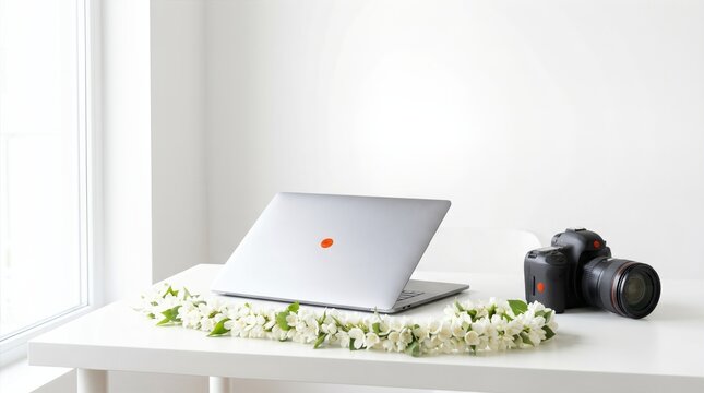 Ayudha puja celebration with laptop and camera decorated on white desk
