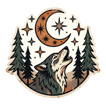 Howling wolf tattoo design featuring crescent moon and pine trees in a stylized traditional illustration with bold black ink lines
