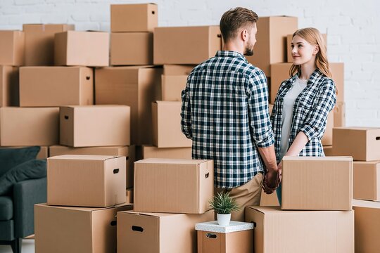 Young couple holding hands surrounded by stacked cardboard moving boxes in their new home