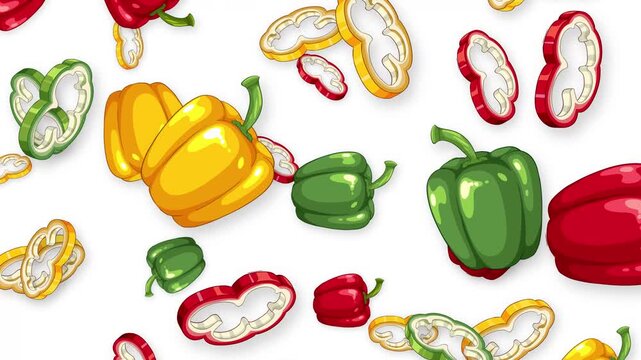 Animation of Colorful Bell Peppers Falling Against a White Background