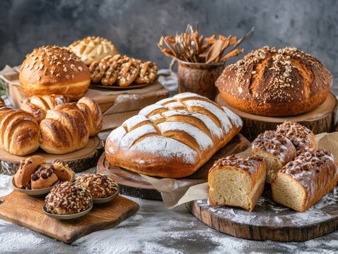 A wide, rich assortment of freshly baked artisan bread, including large scored loaves and small rolls, is beautifully displayed on a rustic bakery table.
