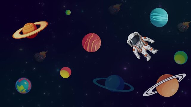 Whimsical Animated Cartoon Astronaut Floating In Outer Space Surrounded By Various Stylized Planets With Saturn Rings Flying Meteors And Twinkling Stars In A Deep Blue Cosmic Galaxy Background For Kid