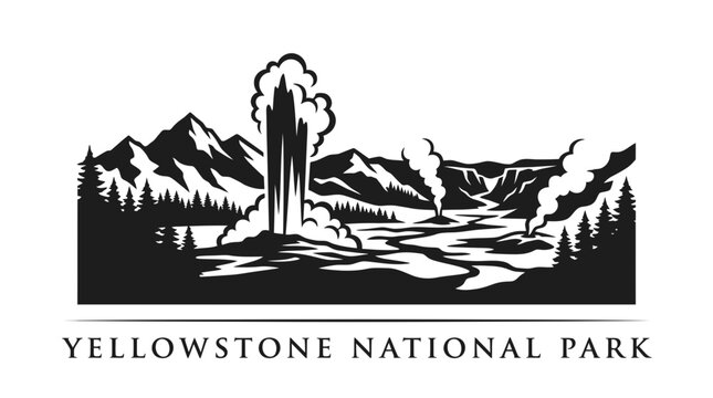Yellowstone National Park geyser mountain silhouette.