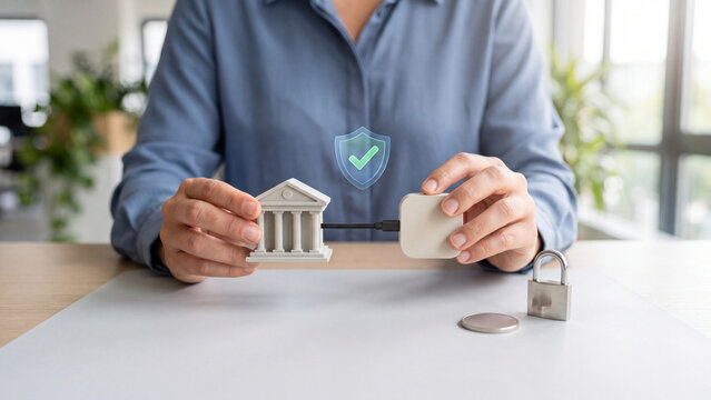 Bank API integration and data security concept. Man holding bank building model linked by cable to device with shield checkmark, padlock and coin on table for safe digital payment