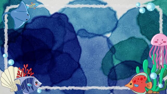 Cartoon Underwater Sea Life Border Animation with Watercolor Wash Background