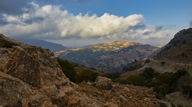 View of a mountain range with clouds in the sky at dusk, Kallikratis, Kallikratis Gorge, Sfakia, West Crete, Crete, Greek Islands, Greece