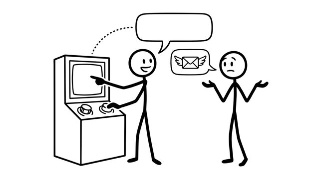 Two stick figures communicating near electronic kiosk terminal.