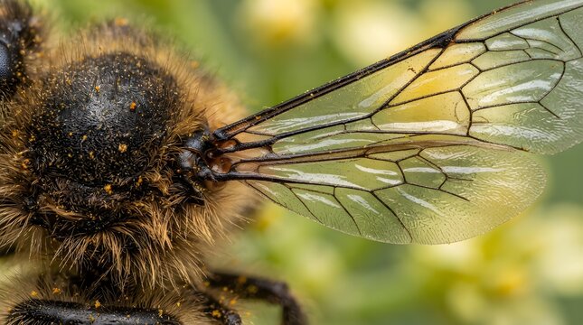 Macro shot showing delicate translucent honeybee wing and fuzzy thorax textures