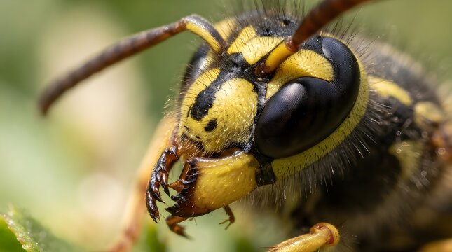 Macro portrait of a dangerous yellow jacket wasp head showing details