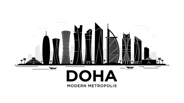 Doha modern metropolis vector skyline with contemporary skyscrapers.