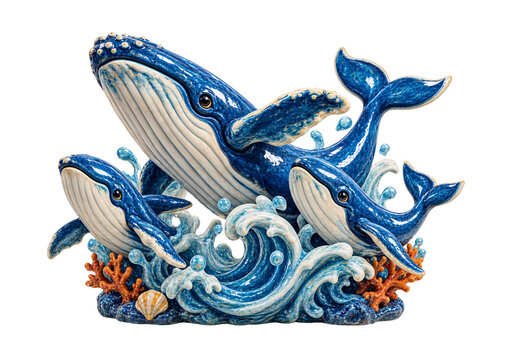 Three Humpback Whales Leaping Through Ocean Waves, Glossy Ceramic Marine Life Sculpture