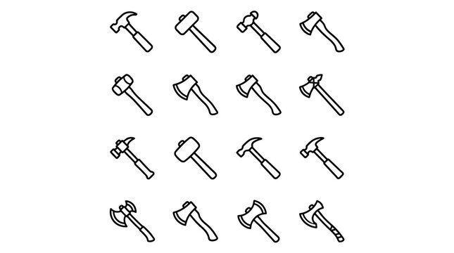 Vector icon sheet of multiple battle axes and war axes in flat black and white style