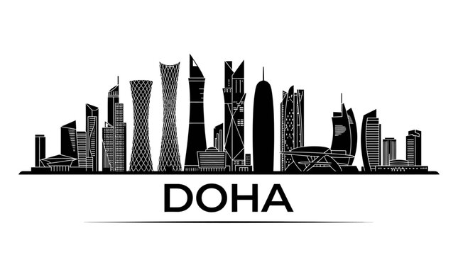 Doha skyline vector graphic showing modern towers and landmarks.