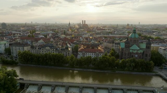 Aerial view of Skyline in Munich with the prominent Frauenkirche