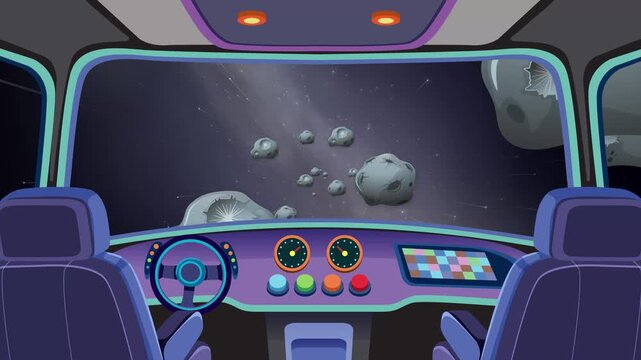 Cartoon Spaceship Flying Through Asteroid Field in Deep Space Animation