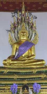 Buddha meditating under the protection of a seven-headed naga snake, Wat Pho, Bangkok, Thailand