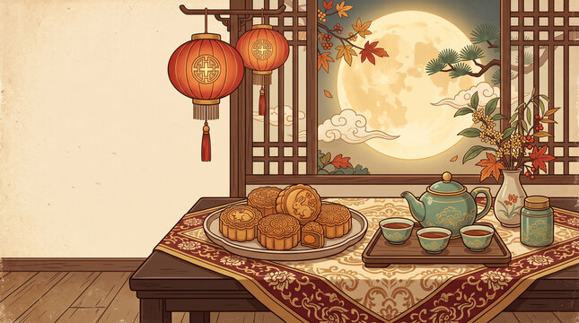 Sophisticated vintage vector artwork of a traditional Chinese Mid-Autumn Festival table